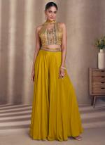 Real Chinnon Silk Mustard Wedding Wear Embroidery Work Readymade Indo Western